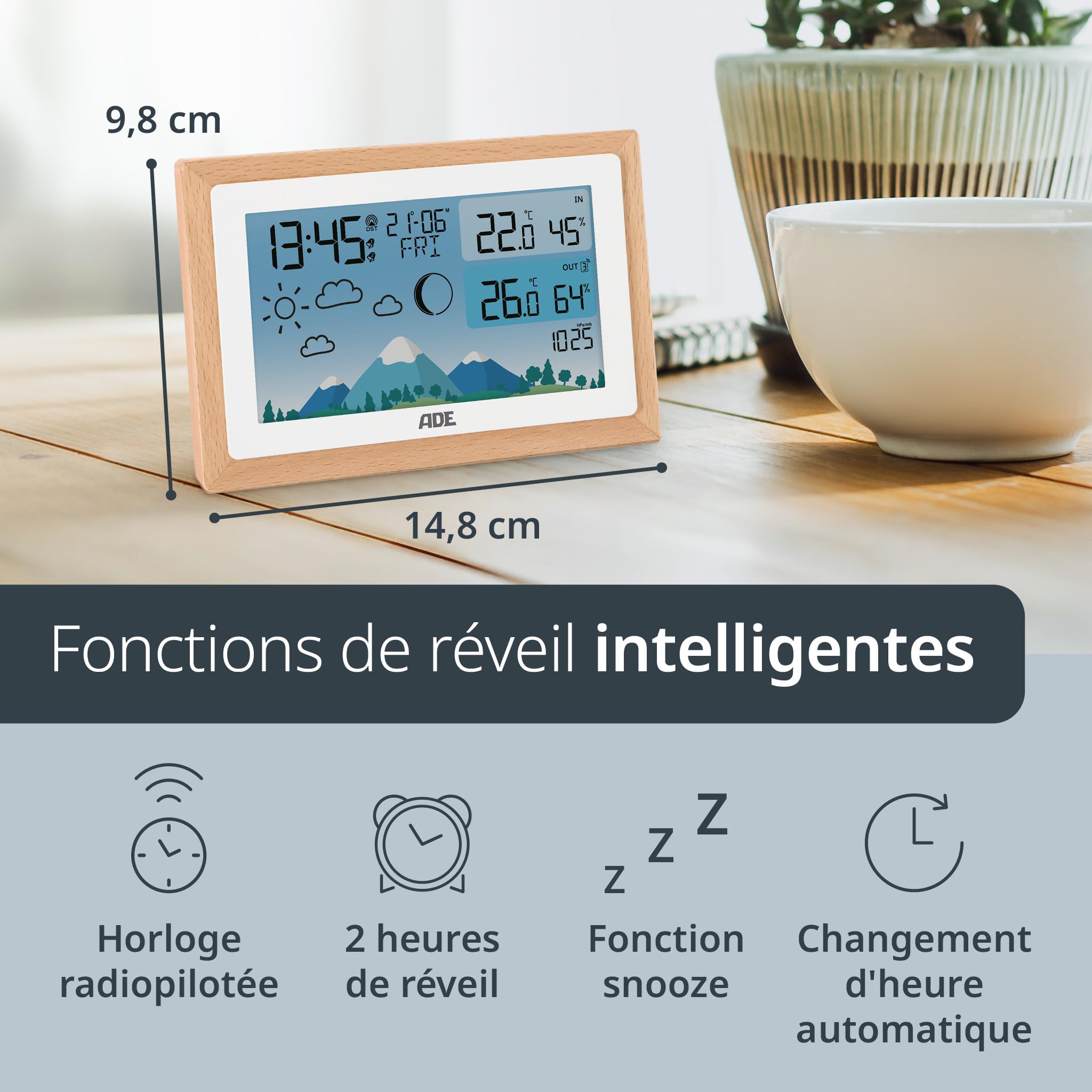 ADE Station météo radiocontrolé avec thermometre interieur | température et humidité intérieure et extérieure avec prévisions météo | Hygromètre et baromètre | réveil avec 2 heures de réveil