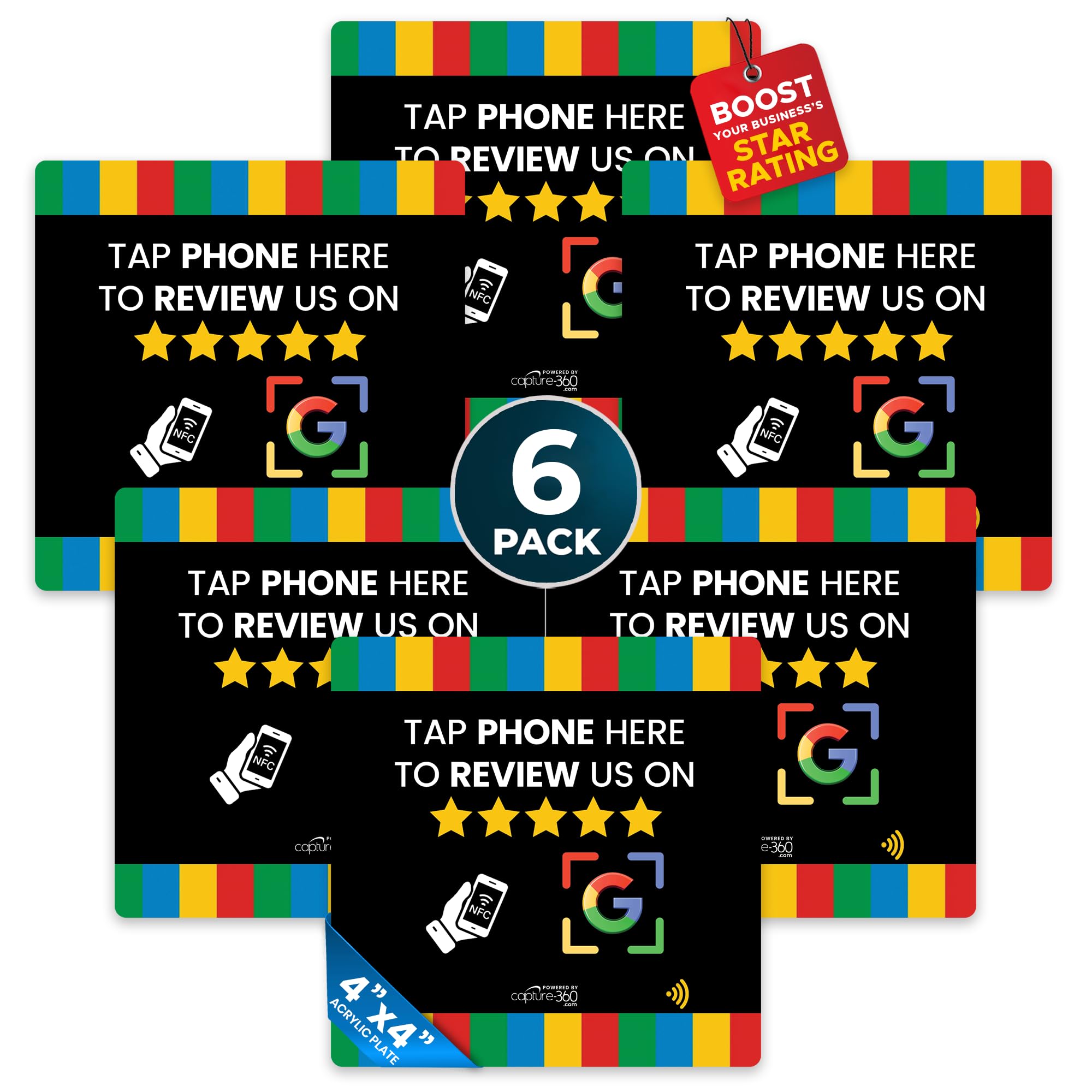 Review Plate NFC Tap Acrylic Display - Effortless Feedback Collection, Quick Activation, Small Business, Compatible with Google - Seamless Connectivity for Business or Personal Use - Black, Pack of 6