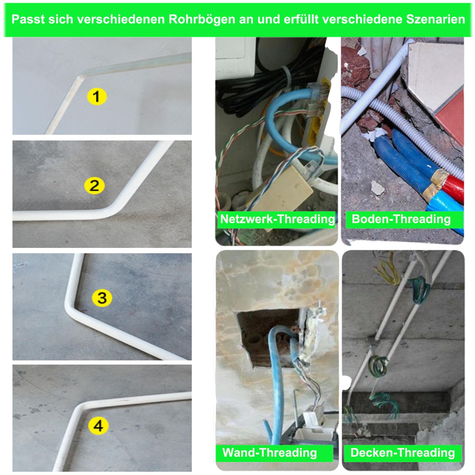 Professionelle Kabeleinzugshilfe 55m – Robuste Polyester-Einziehspirale (200 kg Zugkraft) mit 6 Adaptern, Anti-Verhedderung & Arretierung – Für Elektro- & Glasfaserinstallationen