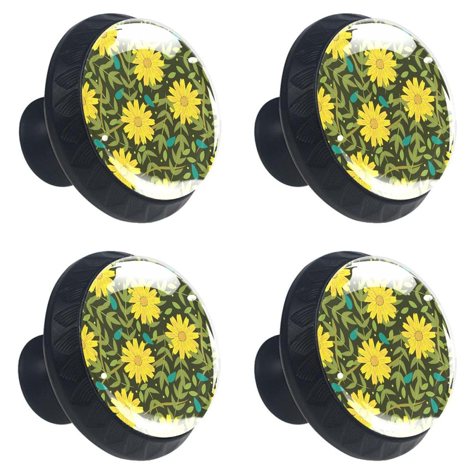 Boutons de tiroir en verre lot de 4 avec motif floral jaune et feuilles pour meuble