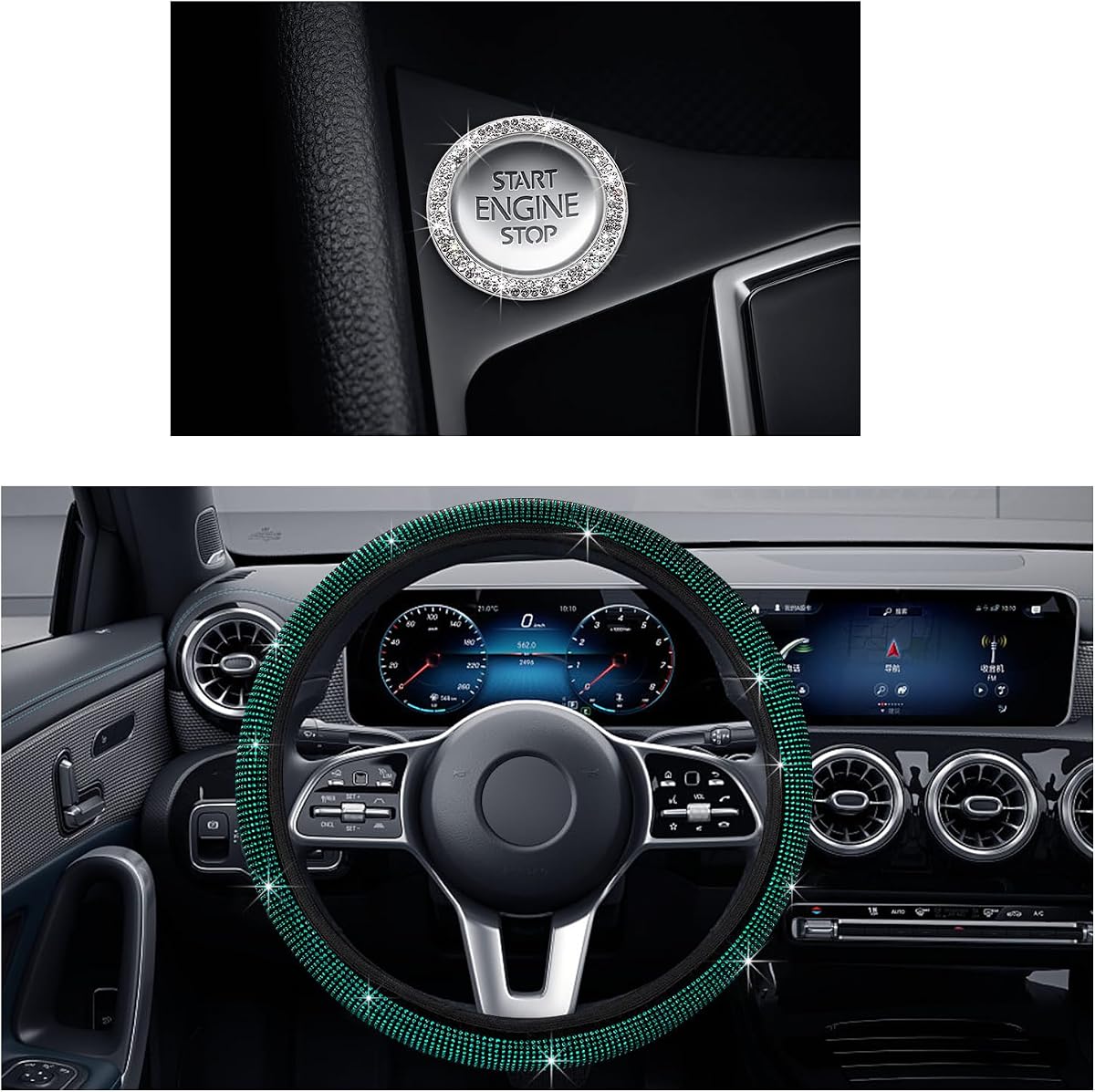 Ziciner Bling Car Steering Wheel Cover, Crystal Glitter Rhinestone Wheel Protector for Vehicle, Universal Automotive Interior Decorative Accessories with Start Button Starter Ring (Green)