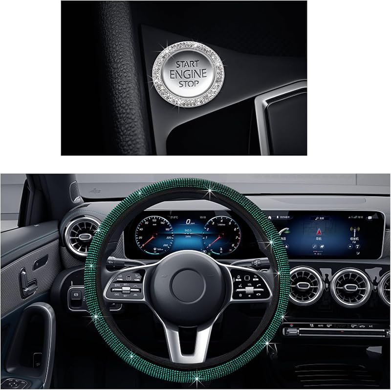 Ziciner Bling Car Steering Wheel Cover, Crystal Glitter Rhinestone Wheel Protector for Vehicle, Universal Automotive Interior Decorative Accessories with Start Button Starter Ring (Green)