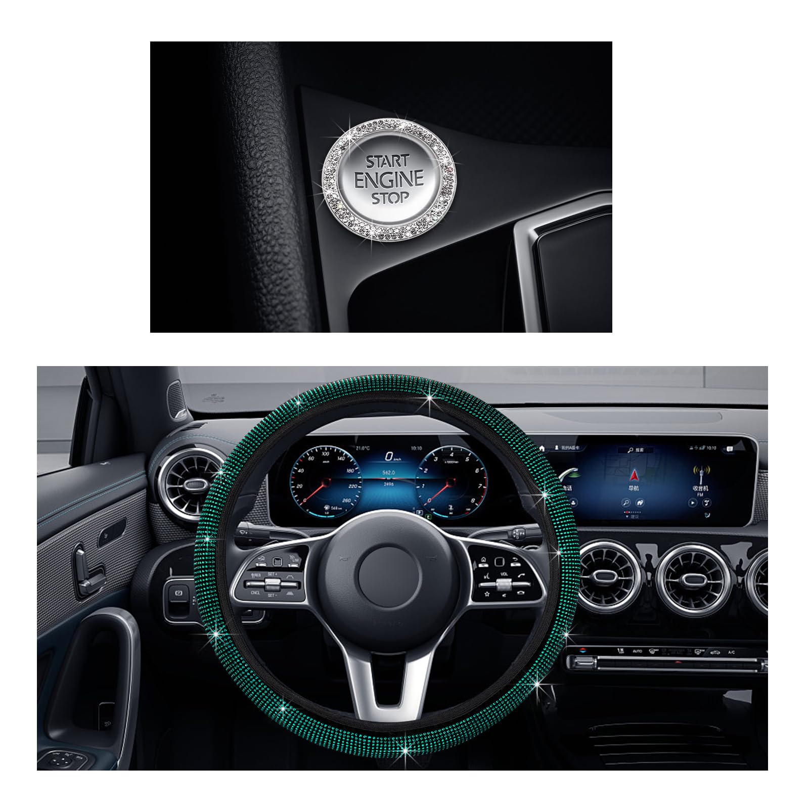 Ziciner Bling Car Steering Wheel Cover, Crystal Glitter Rhinestone Wheel Protector for Vehicle, Universal Automotive Interior Decorative Accessories with Start Button Starter Ring (Green)