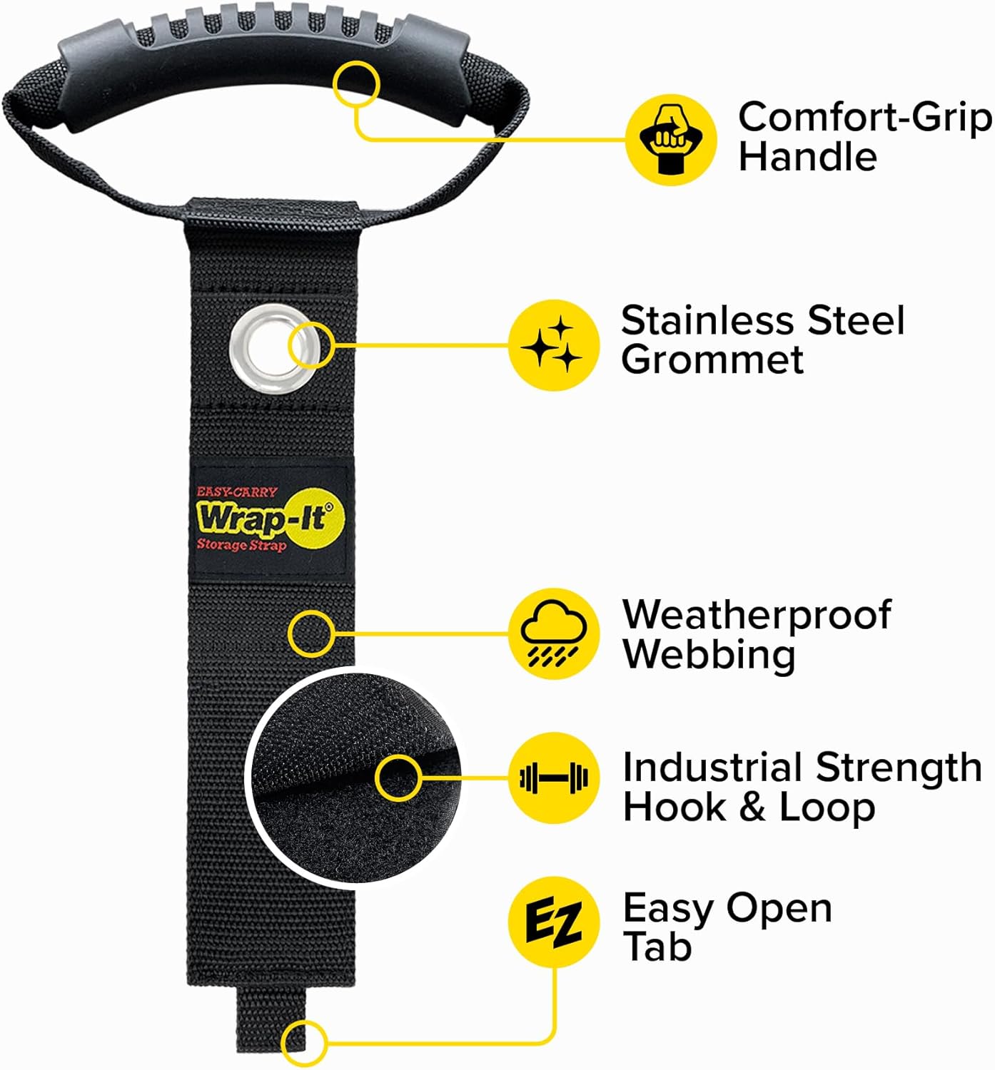 Easy-Carry Wrap-It Storage Straps - Assorted 3-Pack Black with Grommet - Power Cord Organizer Carrying Straps for RV Hose Storage and Accessories