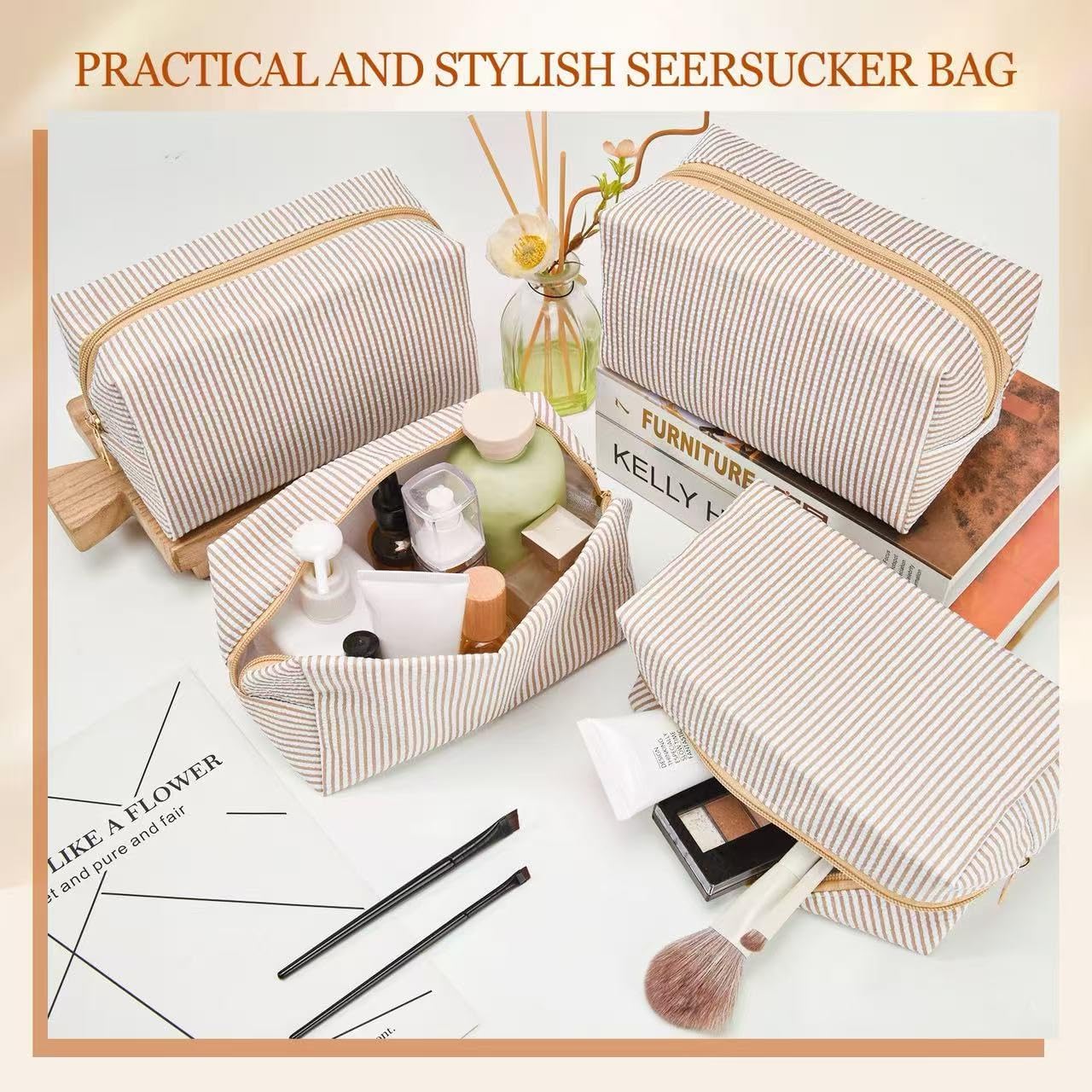 8 Pcs Cotton Makeup Bag Bulk Seersucker Makeup Bags Women Girls Bridesmaid Gifts Aesthetic Cute Makeup Pouch with Zipper Make Up Organizer for Women Travel Gifts