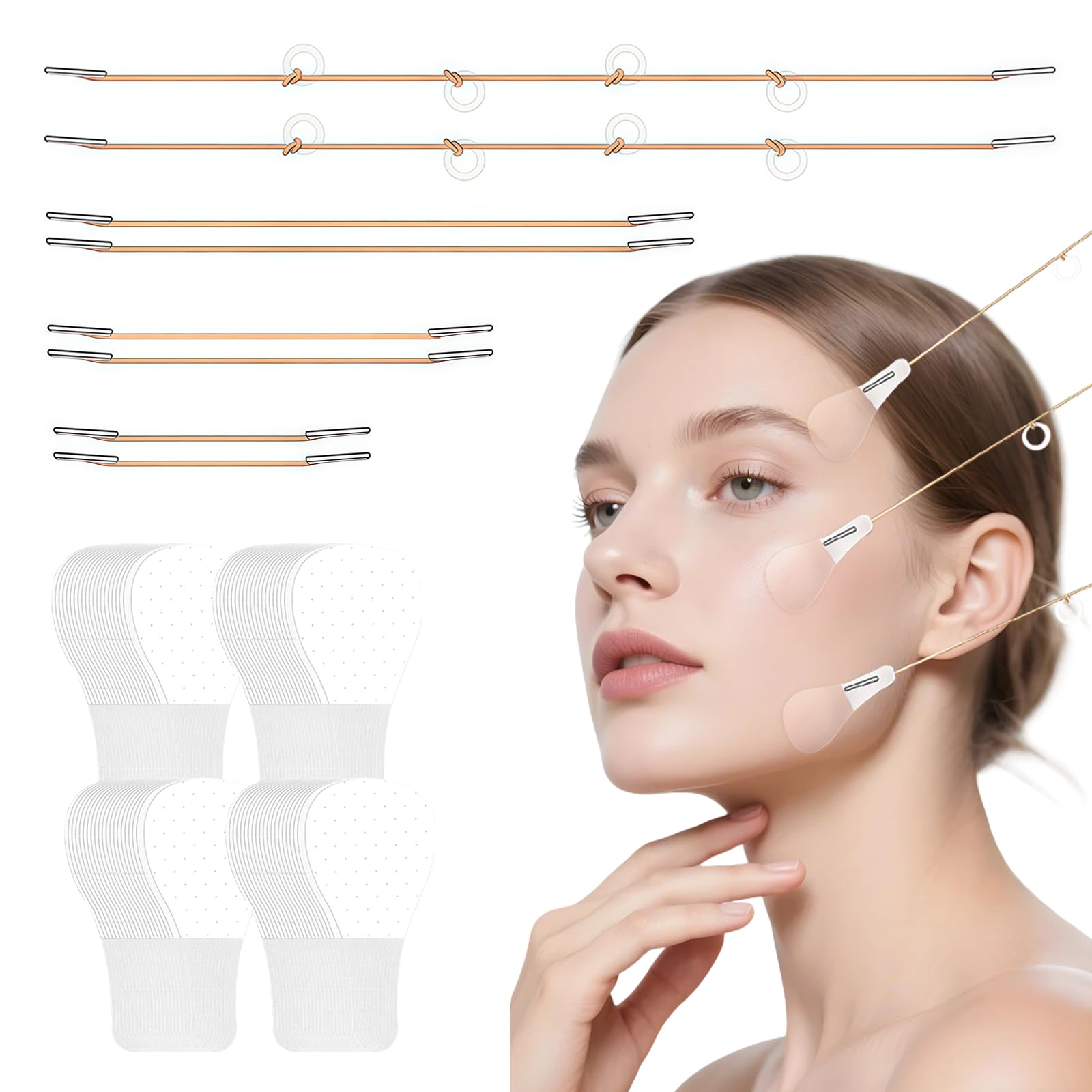 Set de 80 Tiras Invisibles y 4 Cordones – Efecto Lifting Instantáneo para Rostro, Cuello y Ojos