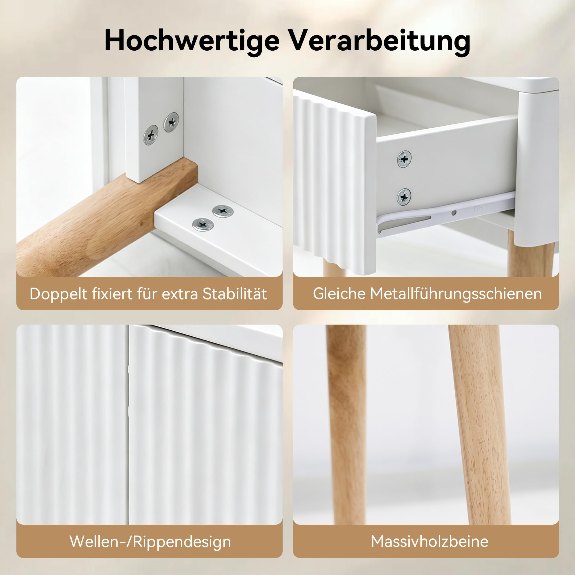 Hawthyhome Weiß Schminktisch mit Beleuchtun und Ladestation, Moderner Frisiertisch mit 2 Riffel-Schubladen und Ablagen, 3 Lichtmodi, Kosmetiktisch mit Massivholzbeinen für Schlafzimmer