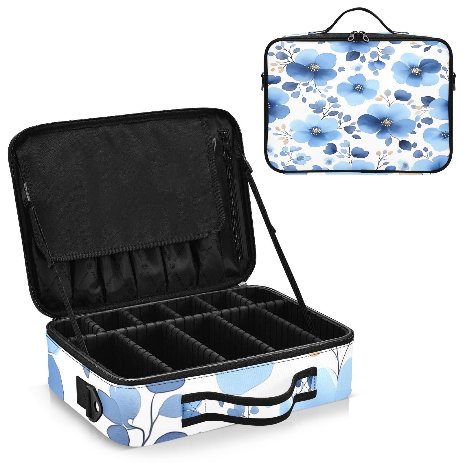 zyrtty Travel Makeup Train Case Blue Flower Leaves White Pattern Cosmetic Organizer Portable Storage Bag with Adjustable Dividers for Cosmetics Brushes Toiletry Jewelry Digital Accessories
