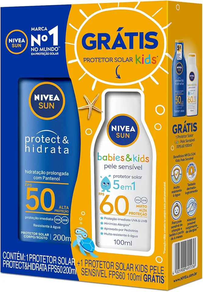 NIVEA SUN Kit Protetor Solar Protect & Hidrata FPS50 200ml + Protetor Solar Kids Sensitive FPS60 100ml, Nivea