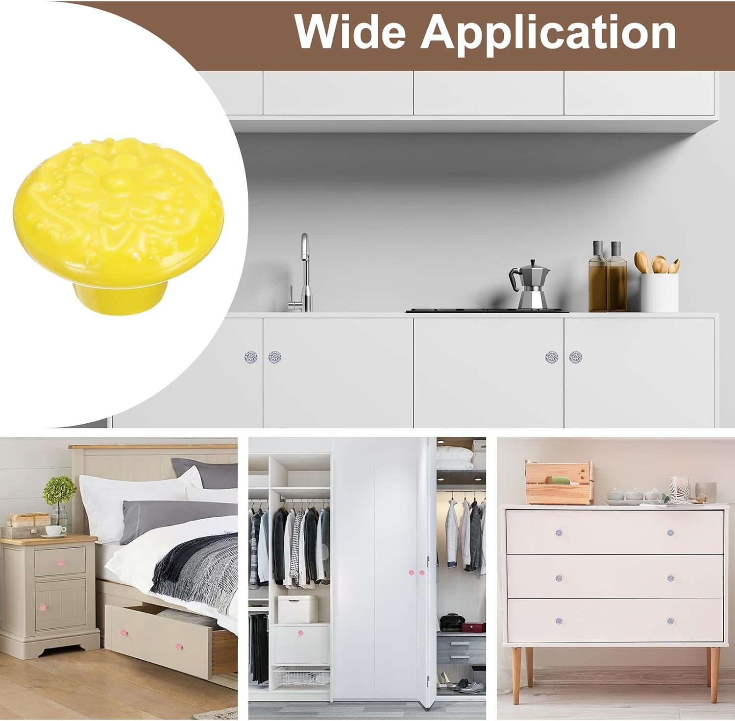 uxcell 10Pcs Ceramic Knobs, 34mm/1.34" Flower Pattern Mushroom Knob Drawer Pull Handle Vintage Wardrobe Knobs with Screws for Vanity Bedroom Furniture Closet, Golden Yellow