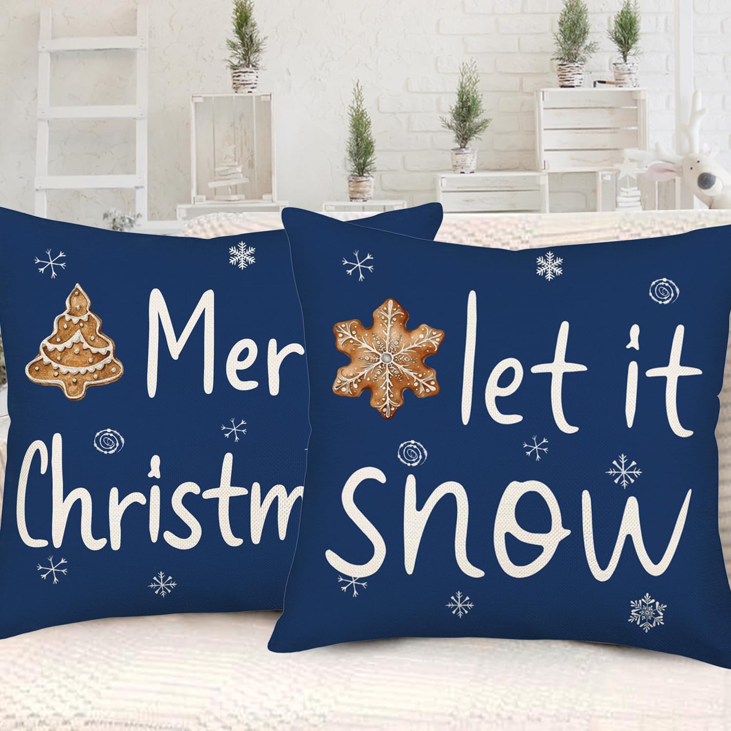 Fukeen Merry Christmas Pillows Covers 22x22 Inch Set of 4 Let it Snow Snowflake Christmas Tree Joy Xmas Balls Throw Pillow Cover Blue Winter Holiday Cushion Case Farmhouse Decoration for Sofa Couch