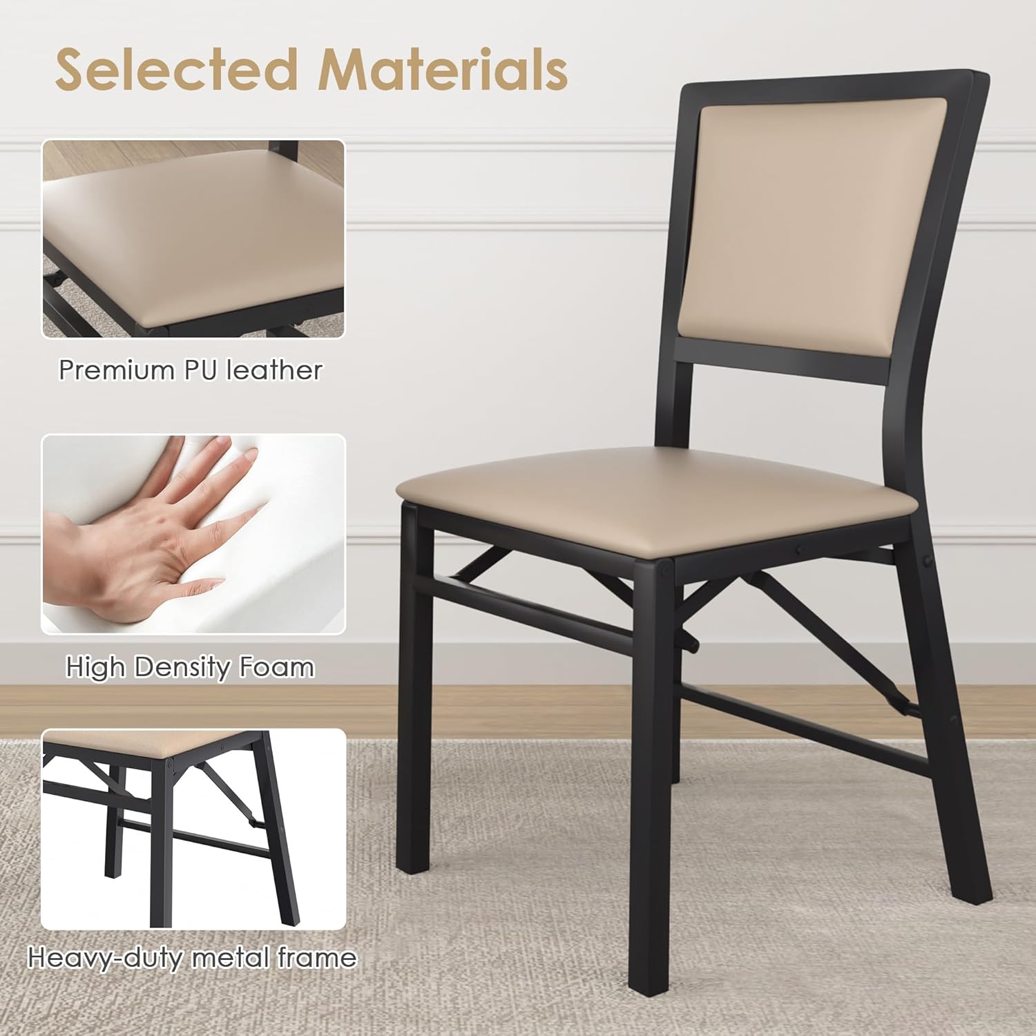 VECELO Folding Chairs Set of 4 with Cushion, Foldable Padded Seats with Heavy Duty Metal Frame for Kitchen/Dining/Living Room, No Assembly & Space Saving Design, Beige