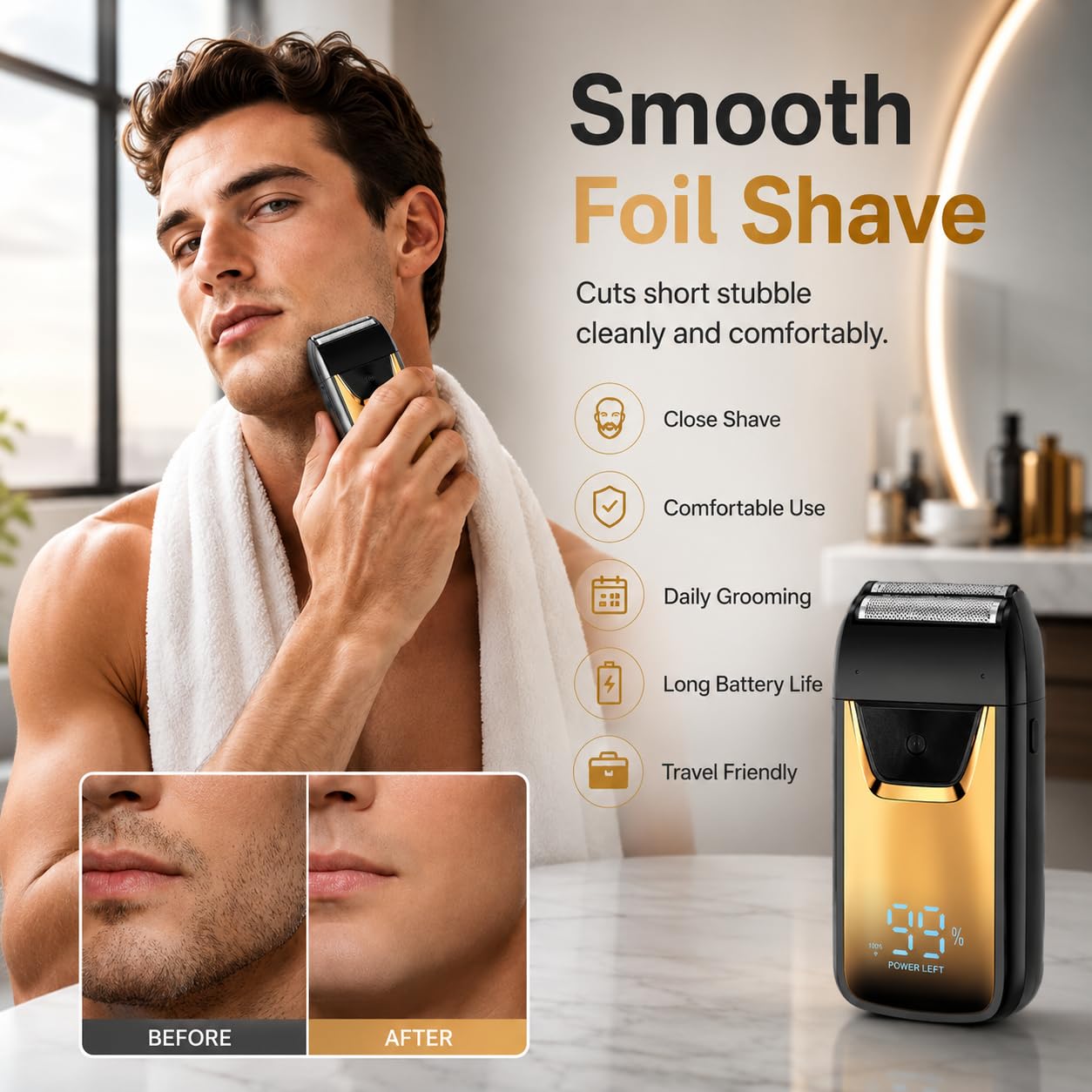 Mini Rasoio Elettrico Portatile con Display LED, Rasoio USB Ricaricabile per Uomo, Rasatura Wet & Dry, Rasoio da Viaggio Compatto, Regolabarba a Lamina (Gold)