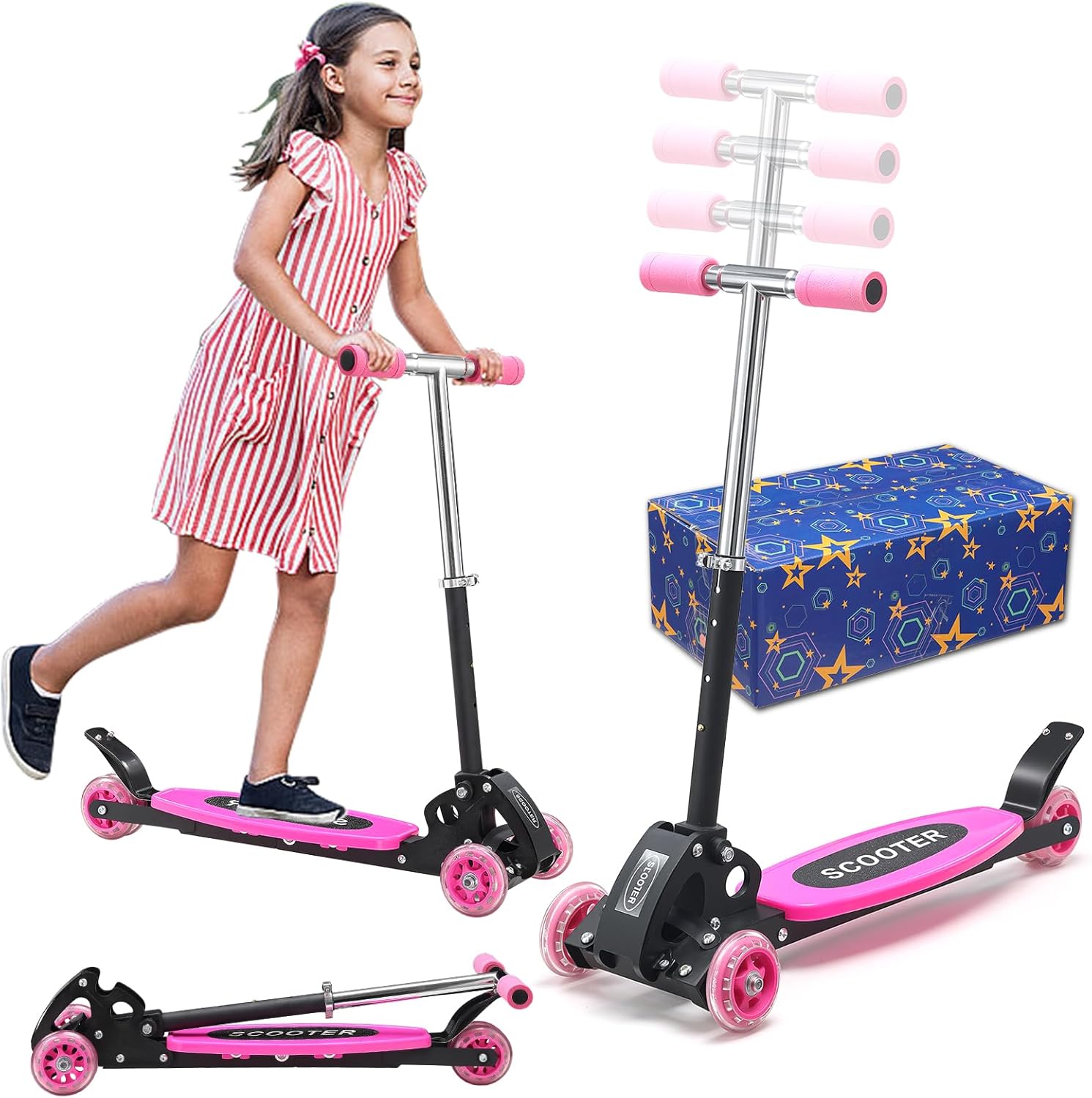 Scooters for Kids 3-7, Heavy Duty 3 Wheel Toddler Scooter 120 lb Capacity, Foldable Kick Scooter with 4 Level Adjustable Handlebar, Wide Deck, Safe Metal Rear Brake, Lean to Steer, Boy Girl Child Gift