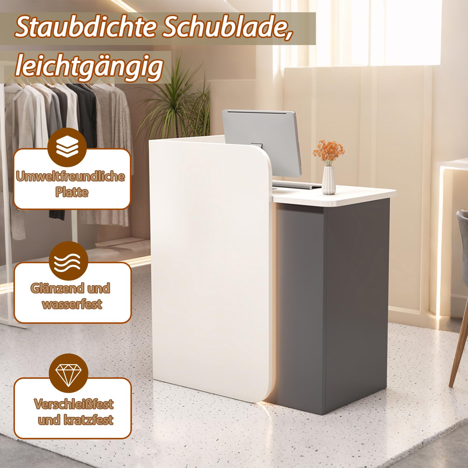 Empfangstheke Empfangstresen Enthält Schubladen Zur Sicheren Aufbewahrung Wichtiger Gegenstände In Abschließbaren Schubladen60*45 * 100cm/Milchkaffee und Weiß
