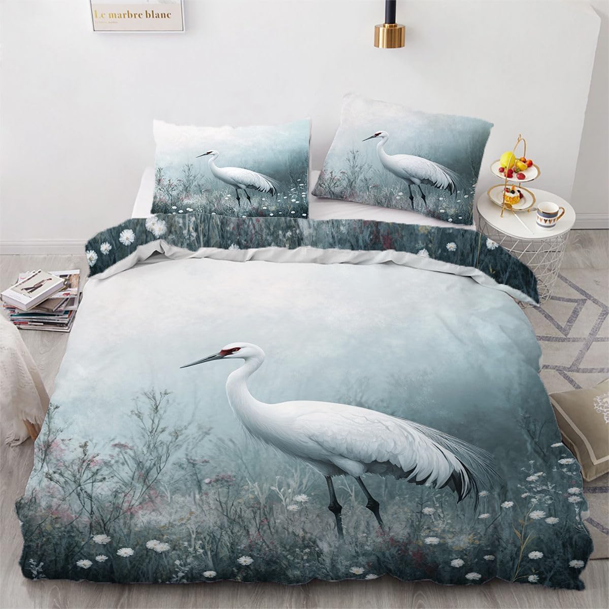 Housse de couette 160x200 cigogne blanche parure de lit microfibre enfant 1 place