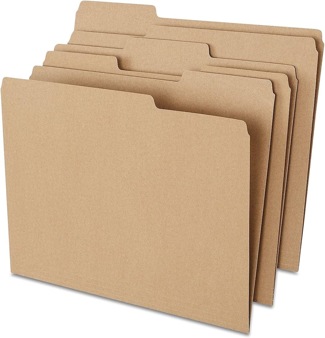 Staples 100% Recycled File Folders, Letter Size, 1/3‑Cut Tabs, Kraft, Eco‑Friendly Heavy‑Duty Paper Stock, 100/Box