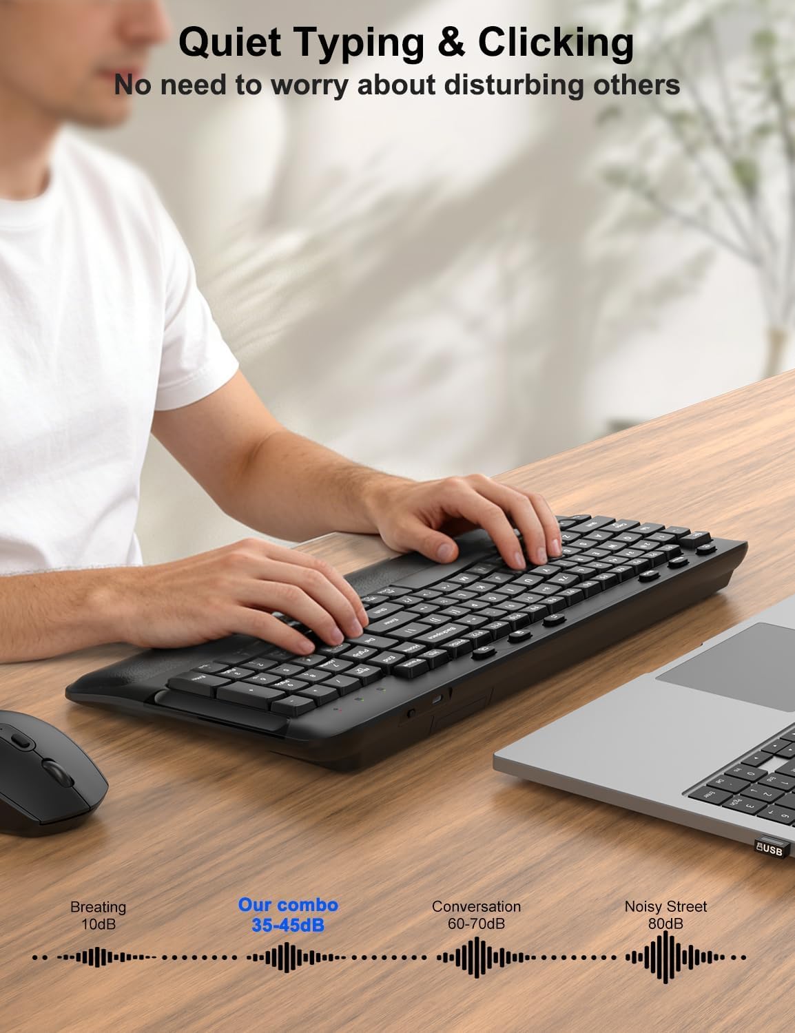 Ergonomic Wireless Keyboard and Mouse Combo, Full Size 2.4G Wave Keys with Soft Palm Rest, 3 Level DPI Optical Silent Mouse, Cordless Keyboard Mouse Combo for PC Laptop Desktop Windows Mac OS