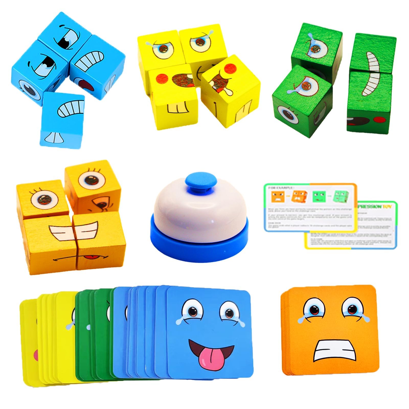 Wooden Face Changing Magic Cube Game, 3D Puzzle Face-Changing Blocks Game with Bell and Tin