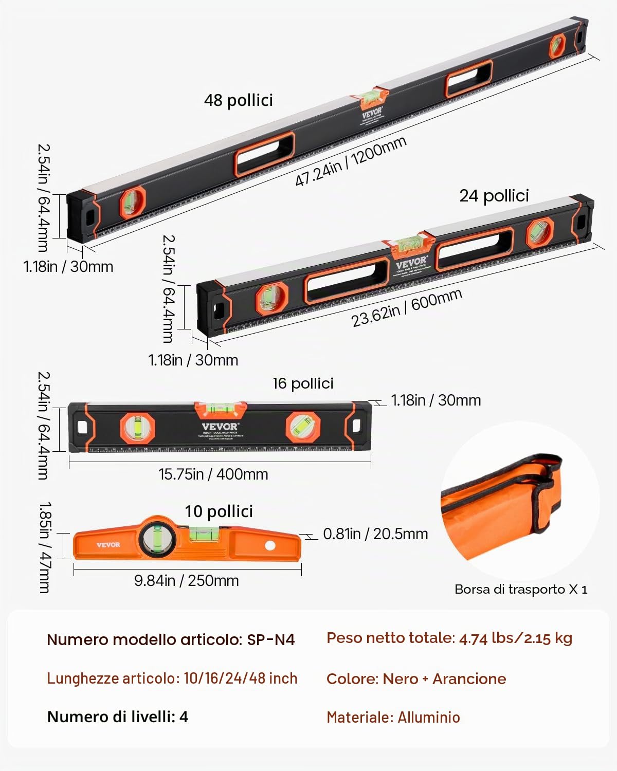 VEVOR 4-Pezzi Set Livello Torpedo, 250/400/600/1200 mm Livelle Scatola, Fluorescente Luce Up Bolla Fiale Righello per 45/90/180 Gradi, Lega di Alluminio, Antiurto, Solo 250mm Magnetico