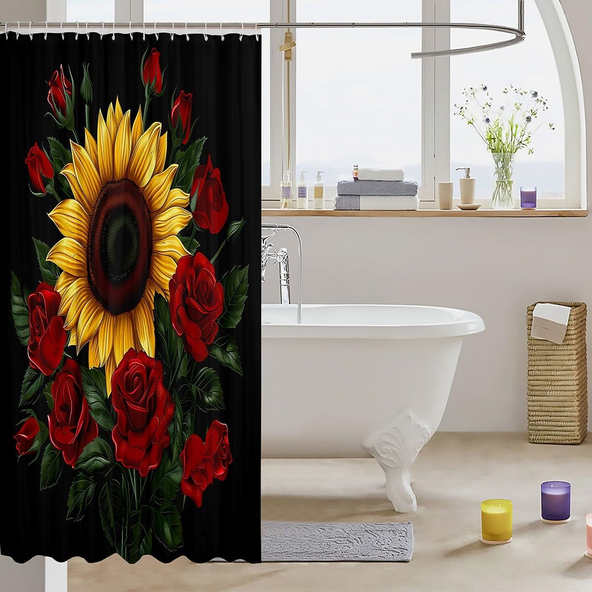 Manfei Yellow Sunflower Shower Curtains Red Roses Bathroom Curtains for Kids Girl Room Decor, Watercolor Floral Green Leaf Waterproof Bath Curtains with 12 Hooks Suits for Bathtub, 72" W x 78" L