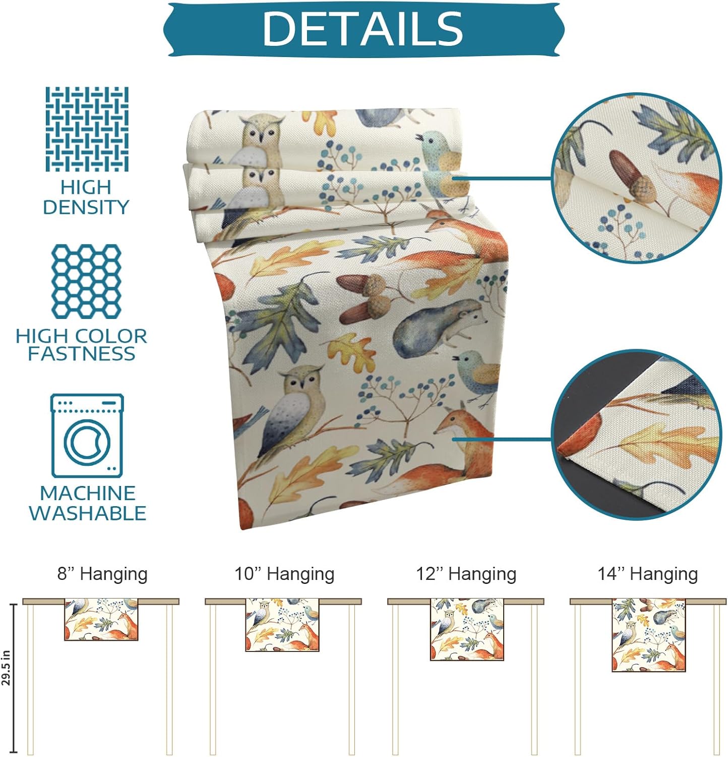 Fall Table Runner Autumn Animal Table Runners Harvest Thanksgiving Owl Bird Fox Leaves Cotton Linen Dresser Scarf Kitchen Dining Table Decor for Autumn Holiday Party Coffee 13x120 Inch