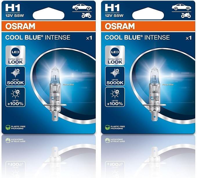 OSRAM COOL BLUE® INTENSE H1, +100% más de brillo, hasta 5000K, lámpara de faro halógena, apariencia LED, Blíster único (1 lámpara) (Paquete de 2)