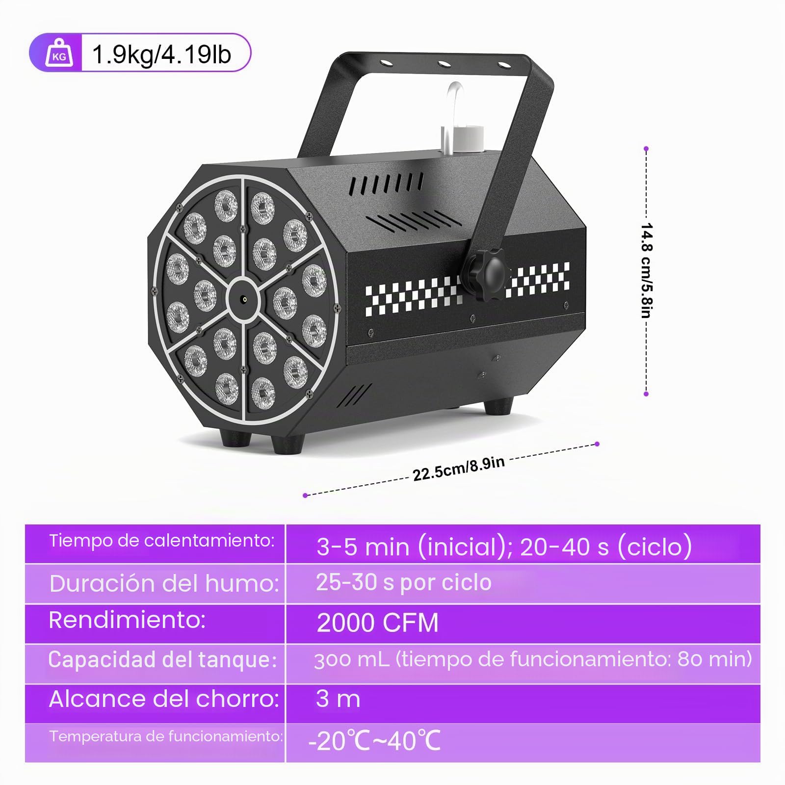 Máquina de Humo, 18 LED RGB con Control Remoto, LED Brillantes, Degradado de Color, Salto, Pulso, Estroboscópico, para Fiestas, Navidad, Halloween, DJs, Escenarios y Exteriores
