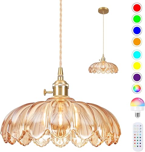 Miniatura 20 de Luces Colgantes para Isla de Cocina, Luz Colgante de Cristal Verde Accesorios de Iluminación Vintage, 9.4 pulgadas E26 Acabado Lámpara Colgante de