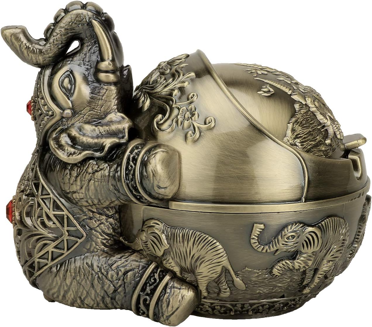 LAUYOO Vintage Decorative Windproof Ashtray with Lid for Cigarettes Metal Portable Cigarette Ashtray Odor Indoor Outdoor Hand Carved Fancy Gift ornament for Men Women (Red Copper Elephant)