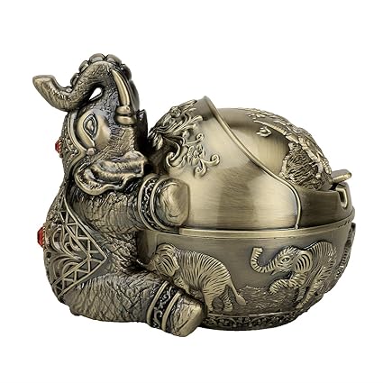 LAUYOO Vintage Decorative Windproof Ashtray with Lid for Cigarettes Metal Portable Cigarette Ashtray Odor Indoor outdoor Fancy Gift ornament for Men Women- Bronze Elephant Ball