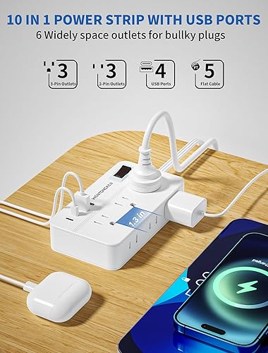 Miniatura 2 de Regleta protectora de sobretensiones, cable de extensión trenzado de 5 pies, enchufe plano con 6 tomas de corriente y 2 puertos USB-A, 2 puertos