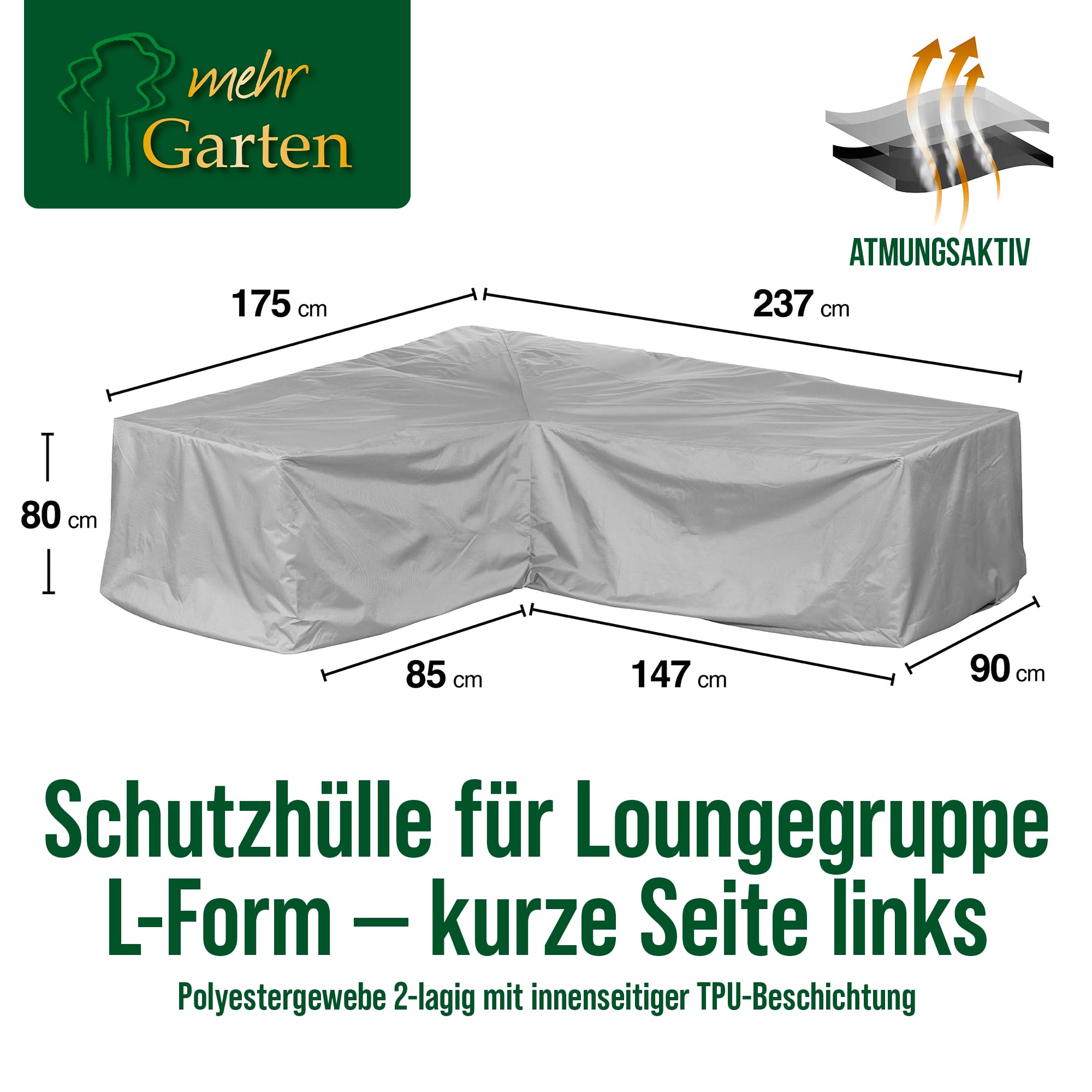 Premium Protect Abdeckung Lounge L-Form, links, 237x175x80 cm | wasserdicht, UV-beständig und atmungsaktiv – 2-lagiges Polyestergewebe, Schutzhülle für Gartenmöbel mit Kordelzug