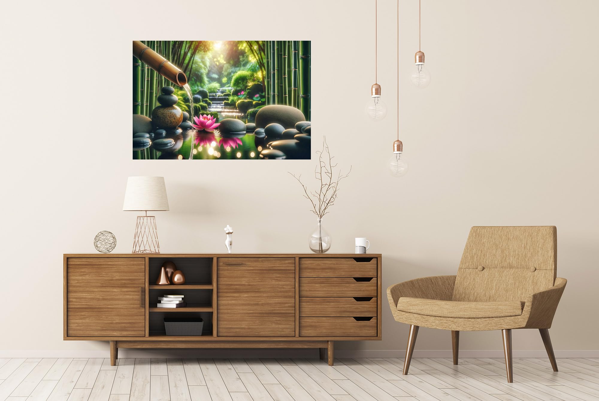 islandburner Prime XXL - Poster da giardino in bambù Zen con cascata e fiore di loto in primo piano, immagini di alta qualità