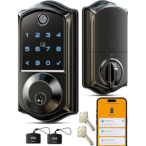Veise VE017 Fingerprint Smart Door Lock, App Control, 7-in-1 Keyless Entry, Auto Lock, Emergency Power Port, Electronic Touchscreen Keypad, Biometric Smart Locks for Front Door, Matte Black
