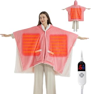 Wearable Heated Blanket, Hooded Electric Blanket for Women, Pink | Flannel & Sherpa Heated Shawl Wrap Hoodie Heating Blanket with Quick Heat, 6 Heat Settings, 4 Hour Timer, Washable, 50"x 70"
