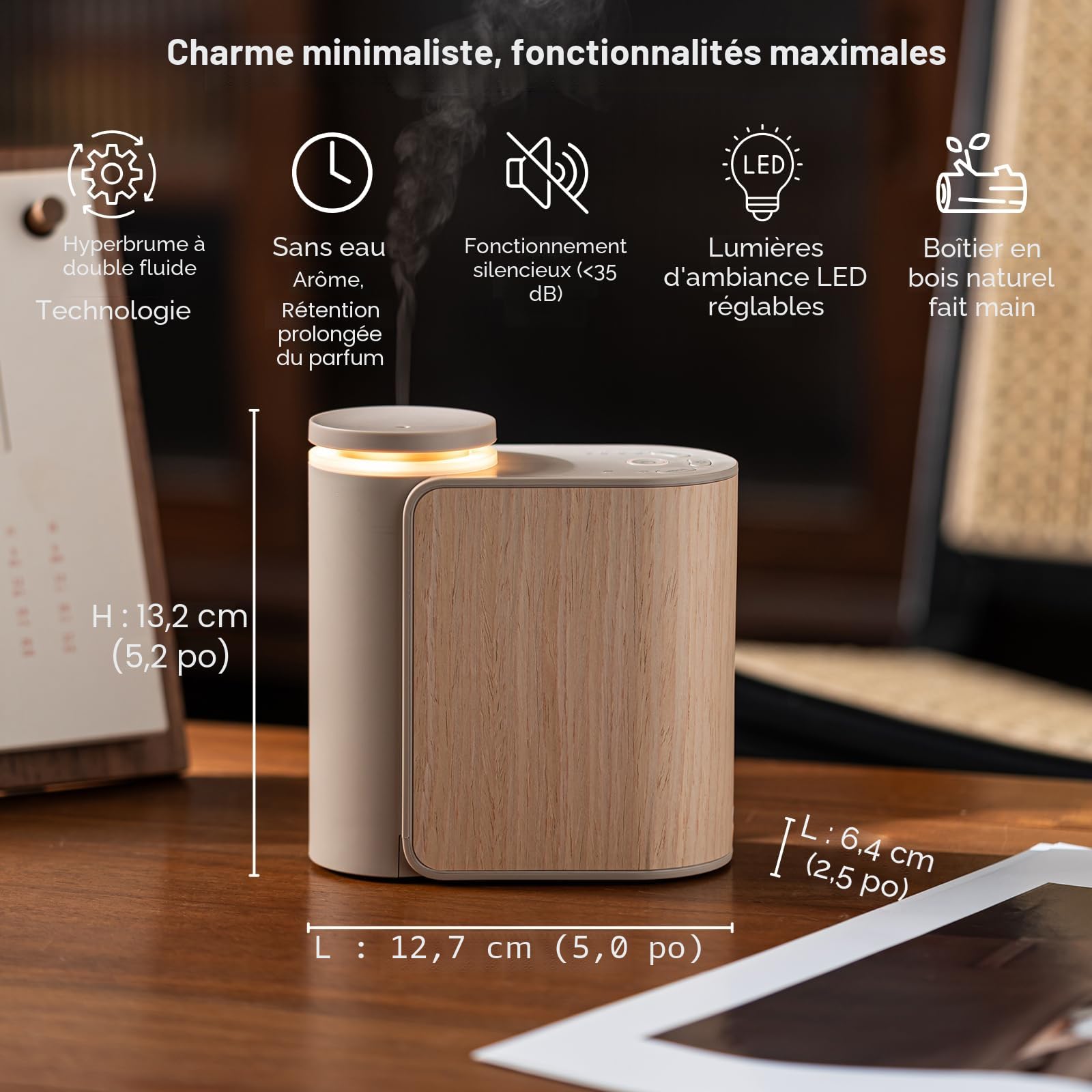 Diffuseur d'huiles essentielles sans eau avec couvercle en bois massif, 3 minuteries, 2 modes de brume, double diffuseur d'arômes liquides silencieux, diffuseur de parfum portable sans eau