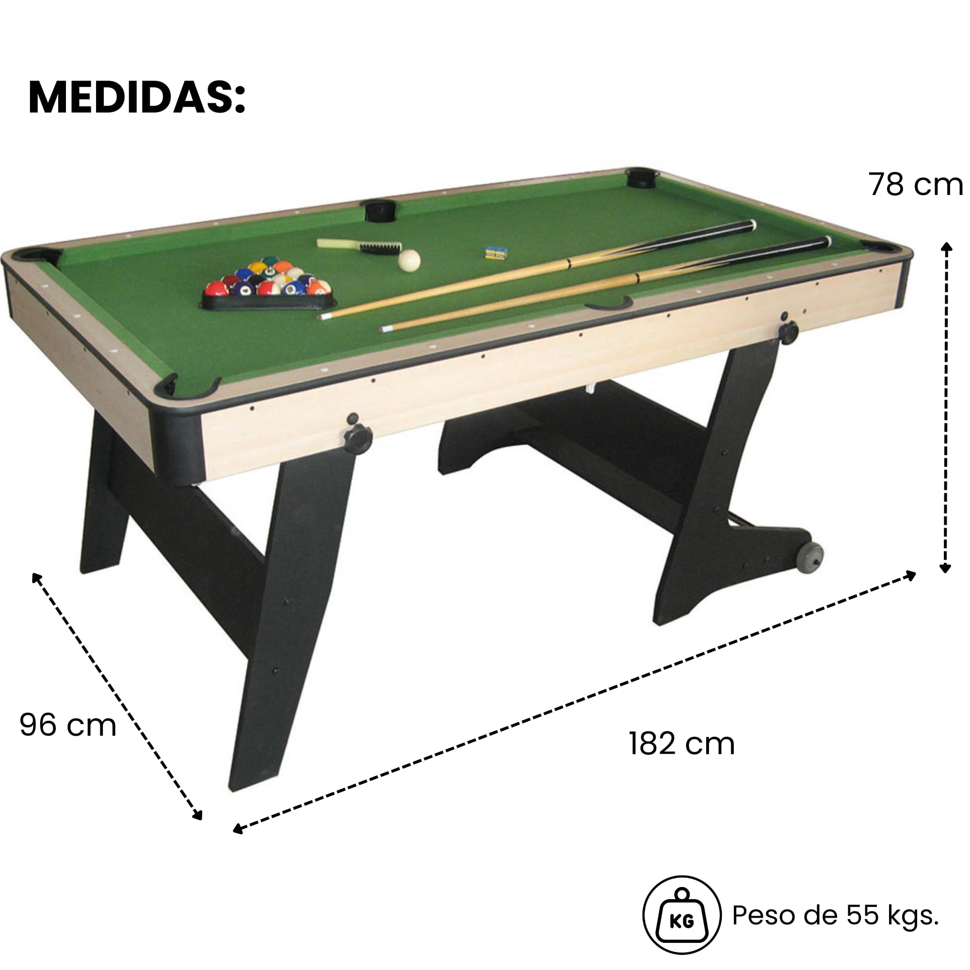 Mesa de Billar Plegable Manhattan - Incluye Todos los Accesorios y de Fácil Transporte – Ideal para Niños y Adultos, 152x76x79 cm