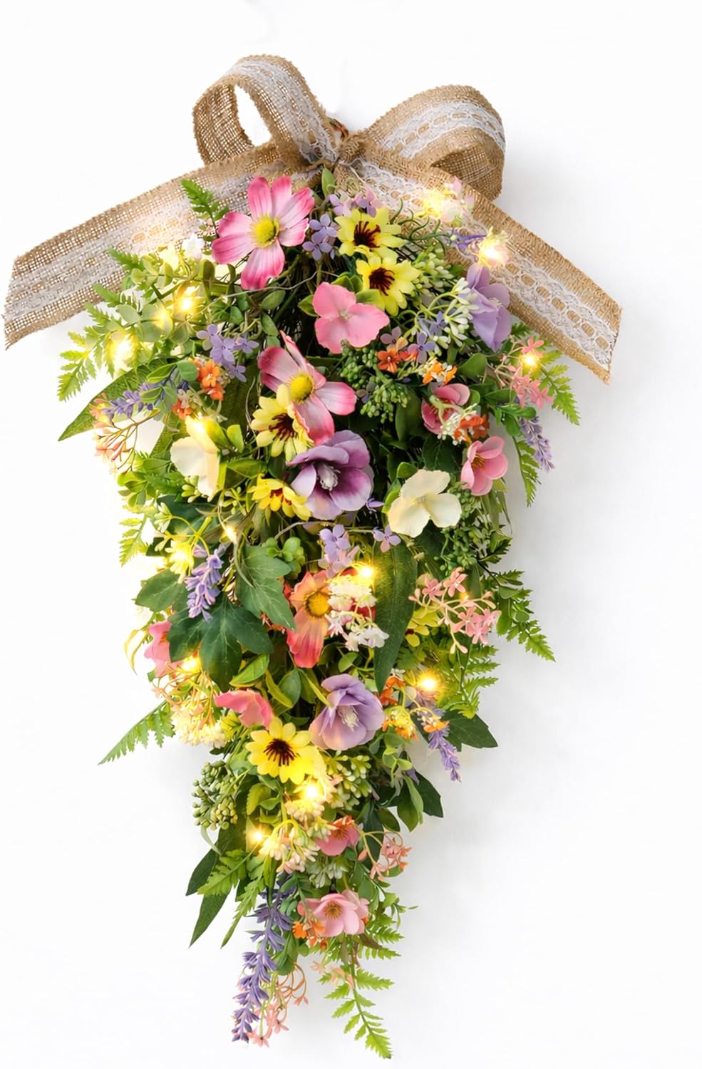 Spring Swag Wreath for Front Door with LED Lights, Colorful Floral Teardrop Wreath Artificial Wildflower Greenery Door Decor with Burlap Bow, Farmhouse Spring Hanging Decoration for Porch Wall Window