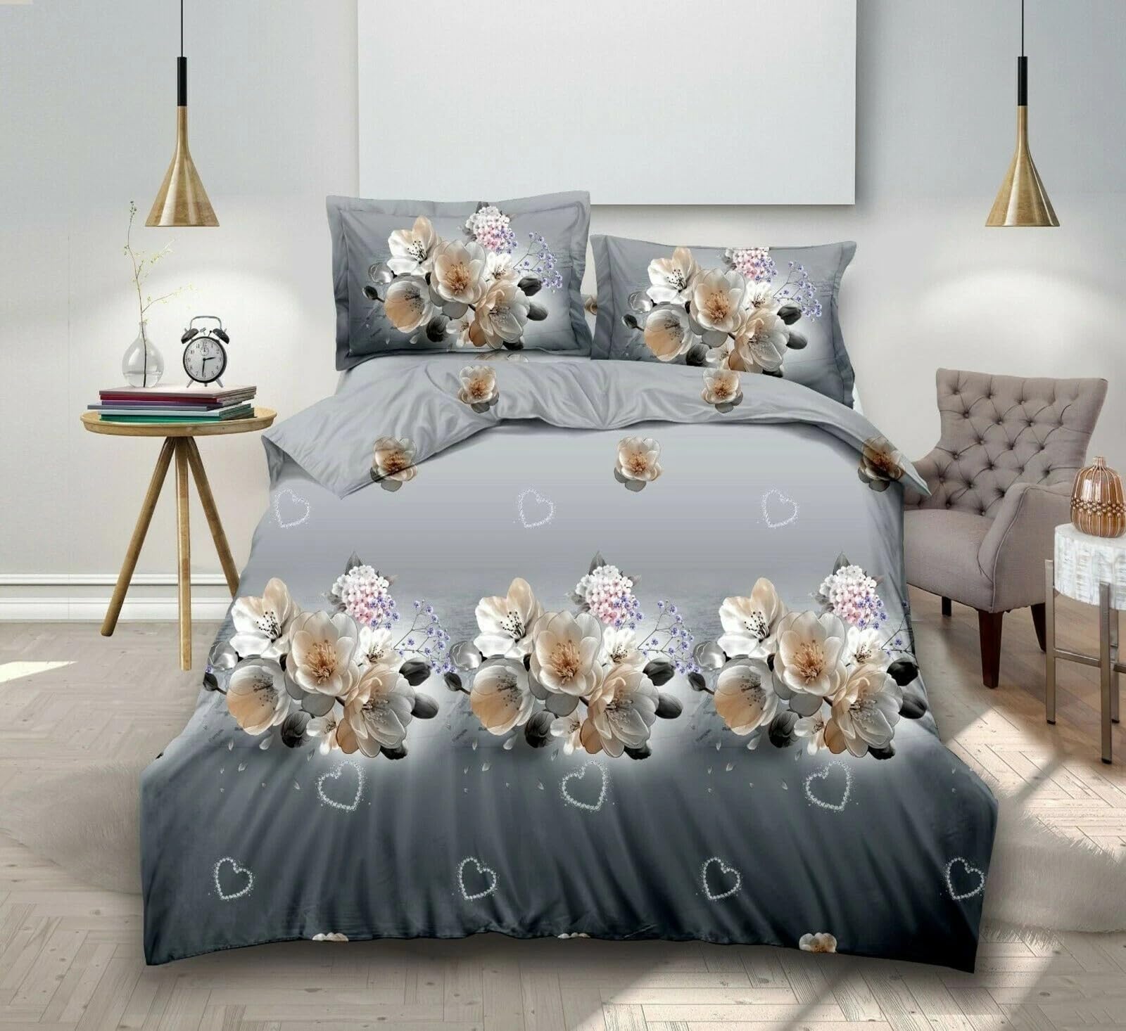 THL 4 Pcs Complete Bedding Set 3D Design Floral Printed Duvet Cover with Fitted Sheet Pillowcases