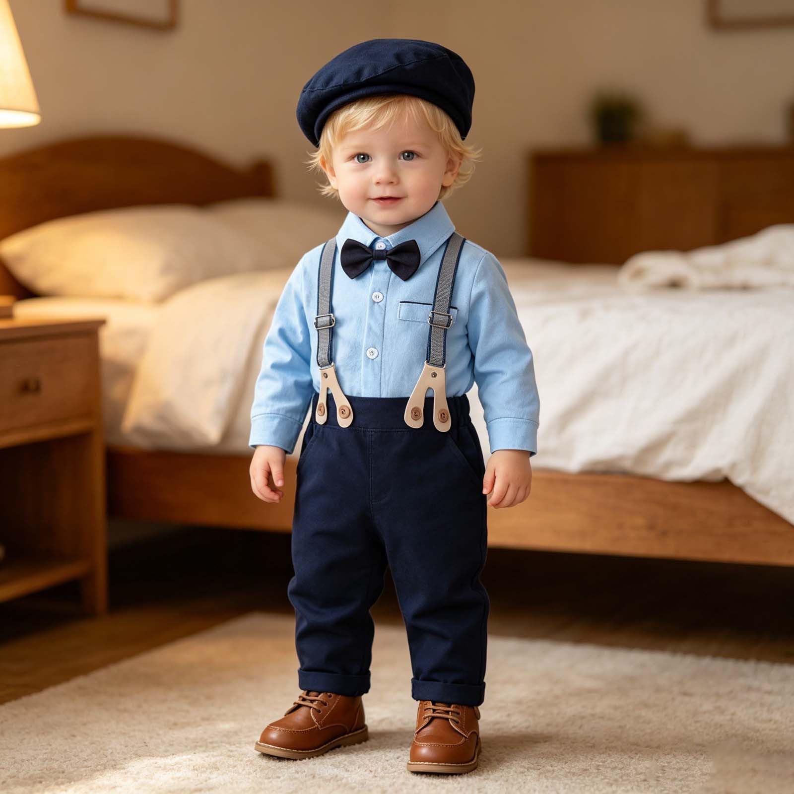 Generisch Set da festa per bambini in stile gentleman, 4 pezzi, con body, pantaloni, bretelle e cappello, abbigliamento elegante per battesimo e matrimonio
