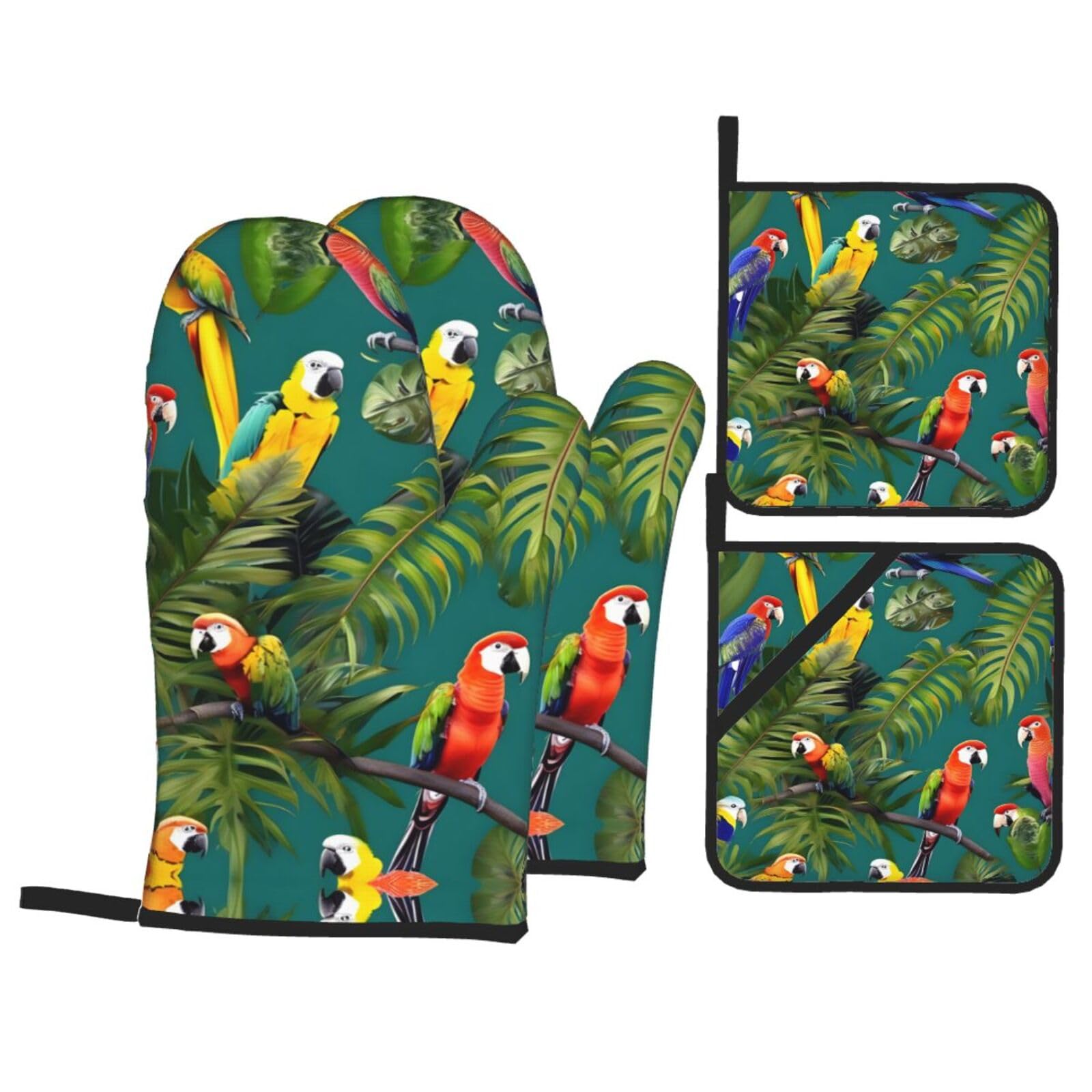Tropical Plants and Parrots Printing 4 Piece Heat Resistant Oven Mitts Set,Kitchen Pot Holders Hot Pads for Grilling Cooking Gift