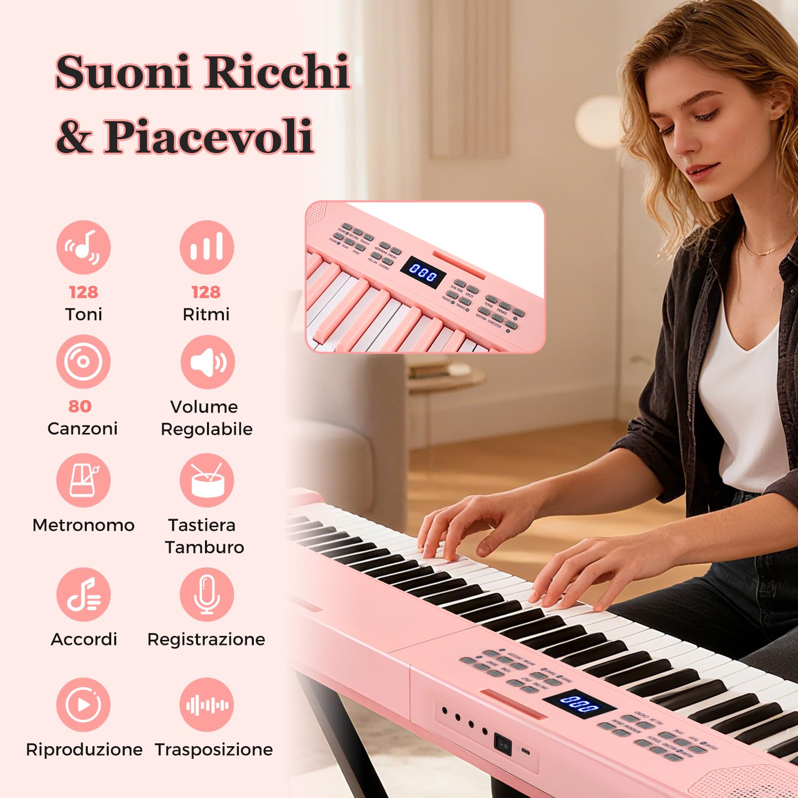 COSTWAY Tastiera Pianoforte Pieghevole a 61 Tasti, Tastiera Elettronica con Funzione MIDI, Cuffie, Pedale Sustain, Pianoforte Digitale Portatile per Principianti (Rosa)
