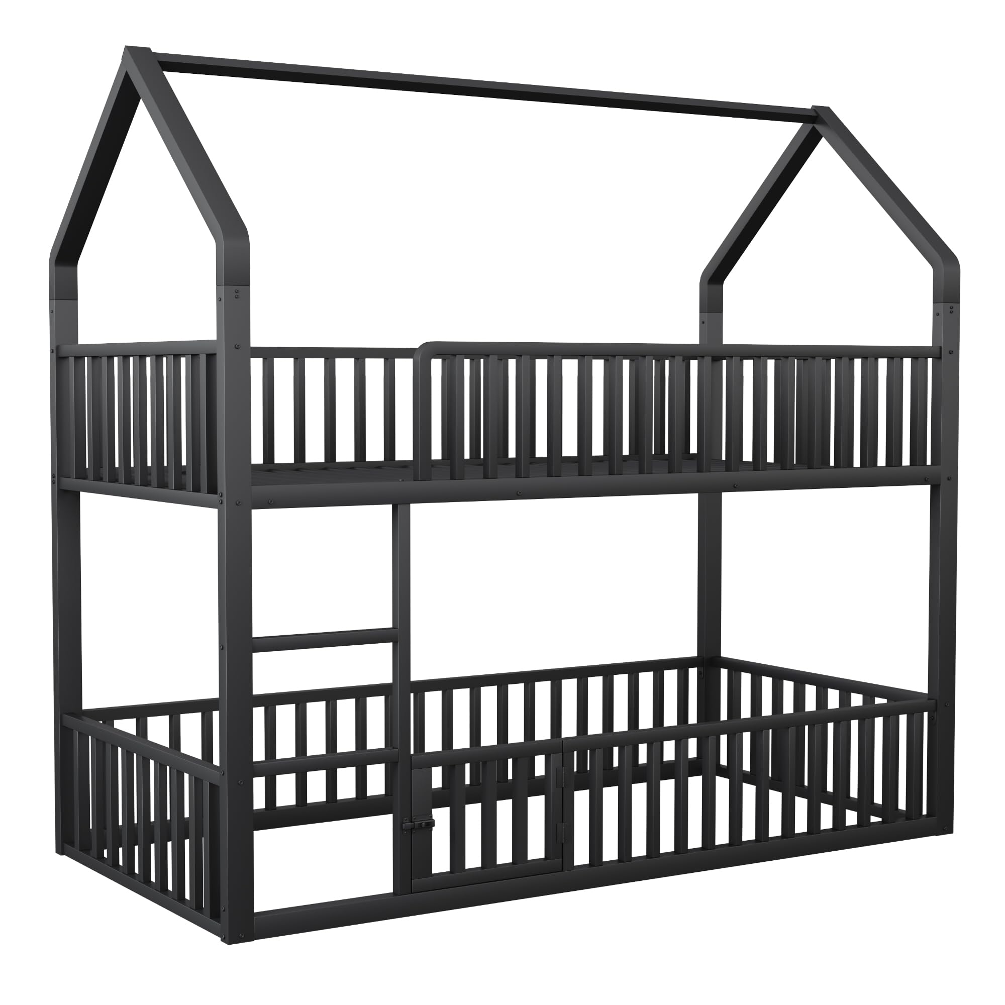 Letto a castello per bambini a forma di casa 90x200 per 2 bambini, lettino in metallo con scala e griglia di sicurezza, letto inferiore con porta piccola per aprire e chiudere (nero, 90x200)