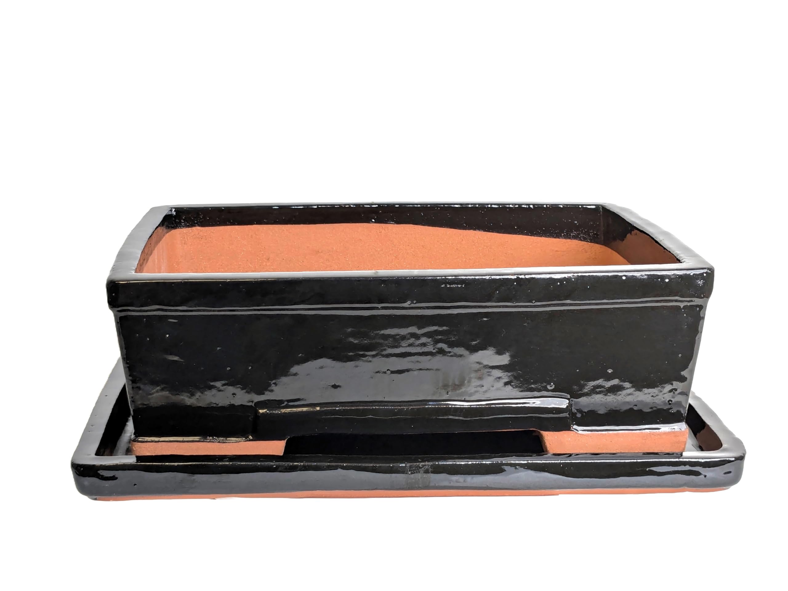 Glazed Ceramic Bonsai Pots with Matching Drip Trays (Black, 30cm)