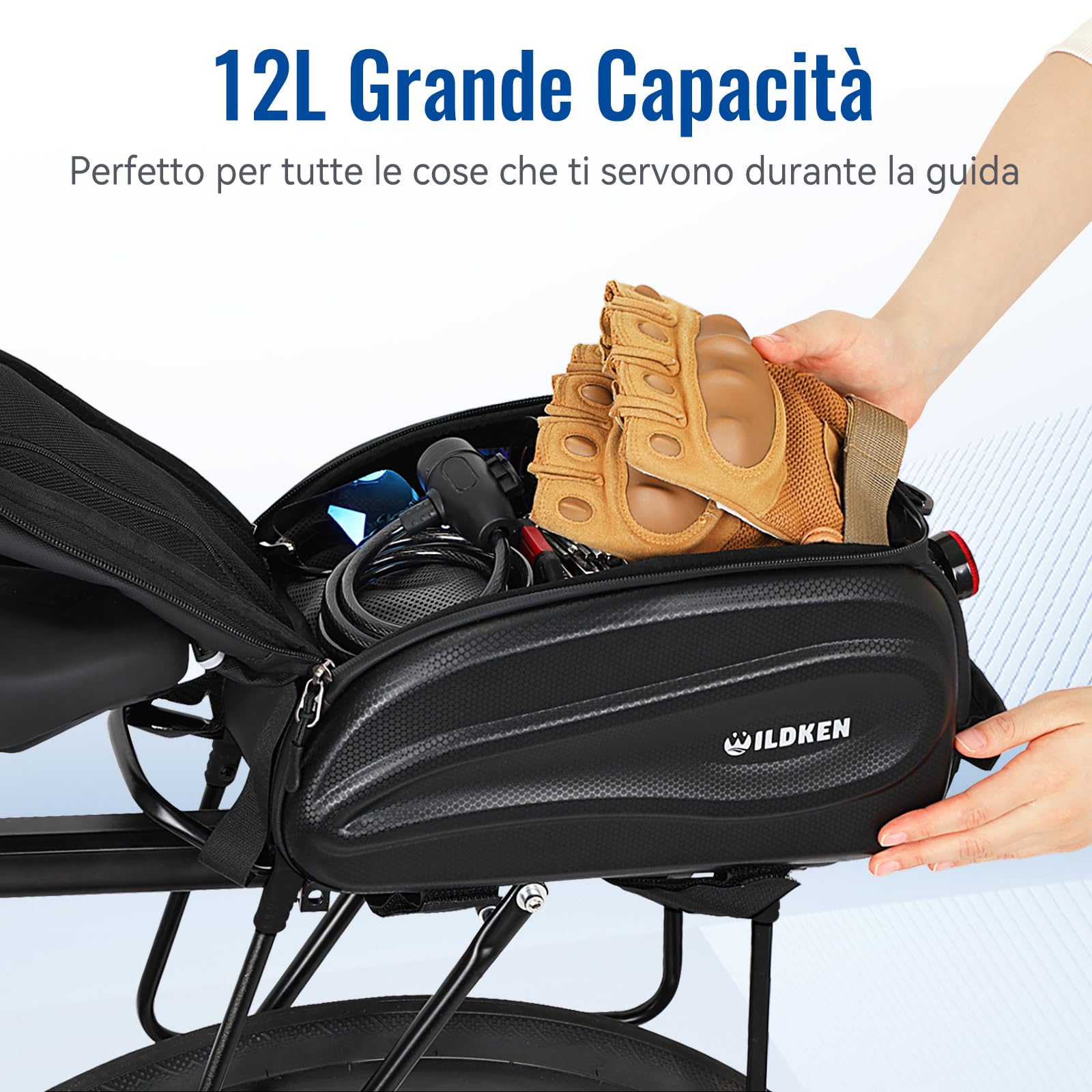 WILDKEN Borsa Portapacchi Bici Posteriore, 12L Nero Impermeabile e Riflettente Borse Portapacchi Bici, con Maniglia e Cinghia Regolabile, Borse per Bicicletta Posteriori per MTB, Bici da Strada
