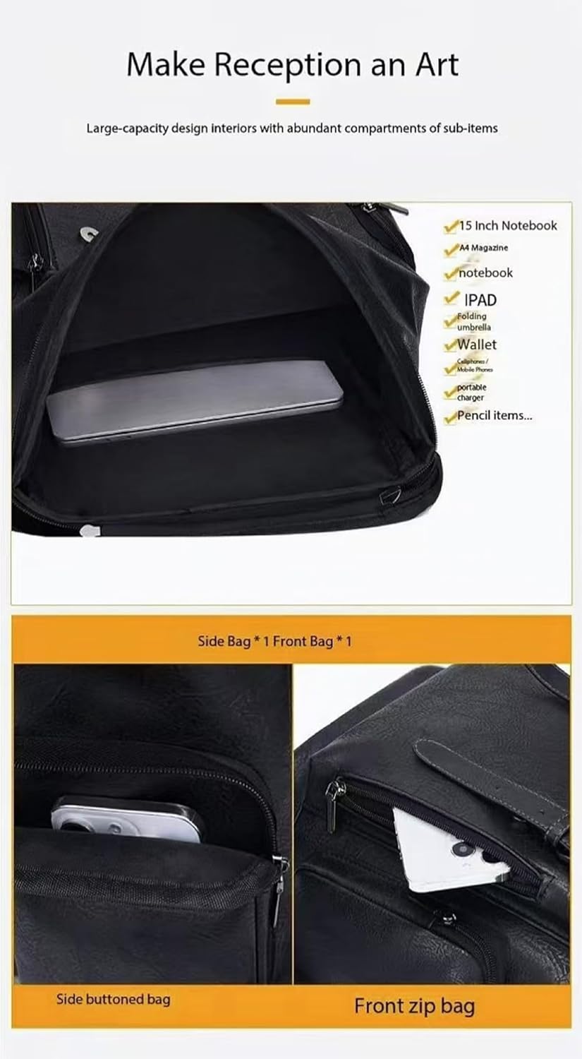 PU leather casual backpack 15.6 inches travel college work backpack business laptop backpack multi-pocket schoolbag (black3,Backpack) - Image 8