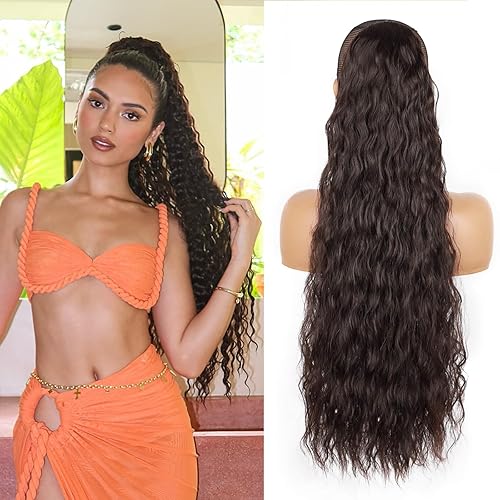 Miniatura 8 de Extensión de cola de caballo larga y rizada para mujeres y niñas, extensiones de cabello con clip con cordón sintético para uso diario (marrón claro)