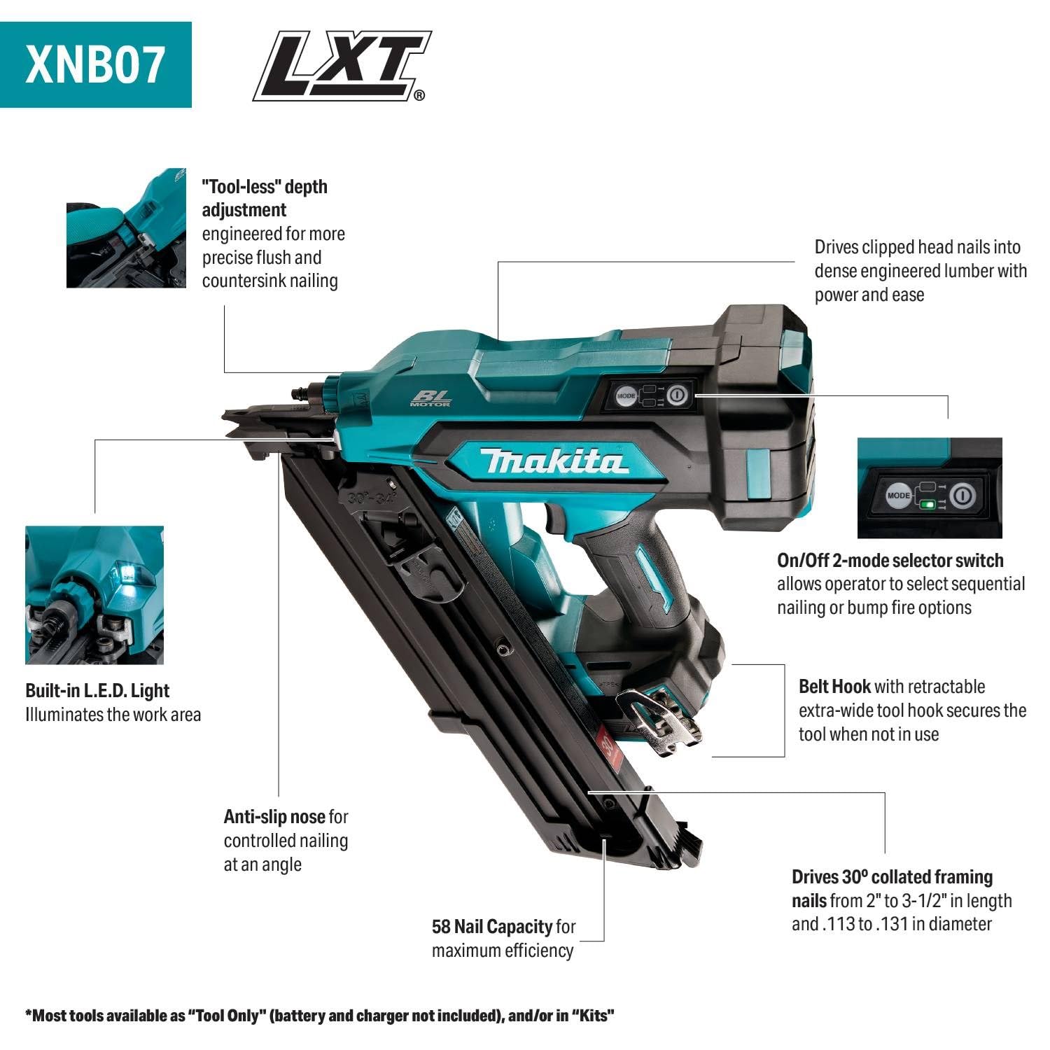 Makita XNB07Z 18 V LXT Lithium-Ion 30º Tête clipsée sans fil 8,9 cm Cloueuse d'encadrement Outil uniquement