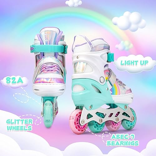 Miniatura 6 de SULIFEEL Patines en línea de unicornio arcoíris para niñas y niños, 4 tamaños, ajustables, con ruedas iluminadas, para niños principiantes Un arco